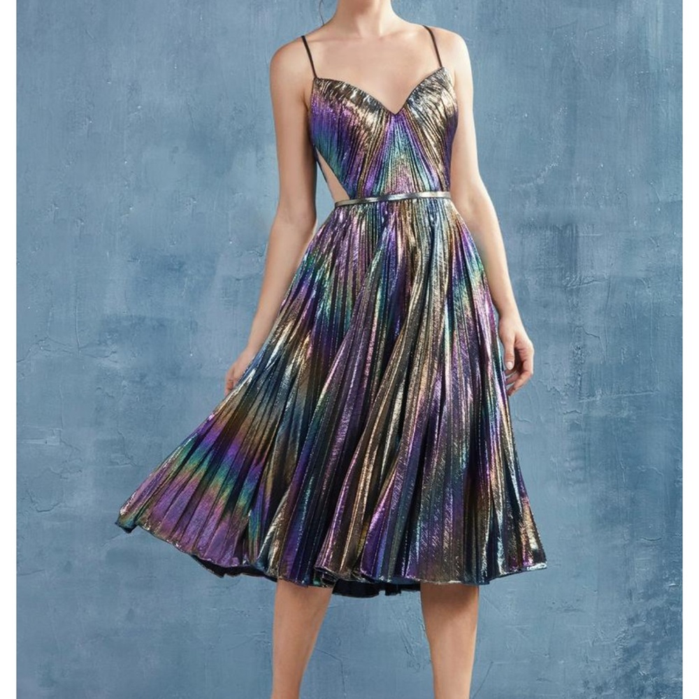 Iridescent Multicolor Pleated Midi Dress with Spaghetti Straps
